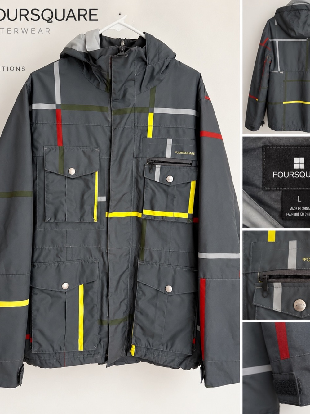 Foursquare Men’s Gray Hooded Ski Jacket with Neon Yellow Accent